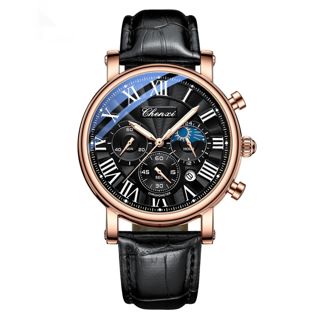 Multifunctional Mens Business Moon Phase Calendar Waterproof Watch