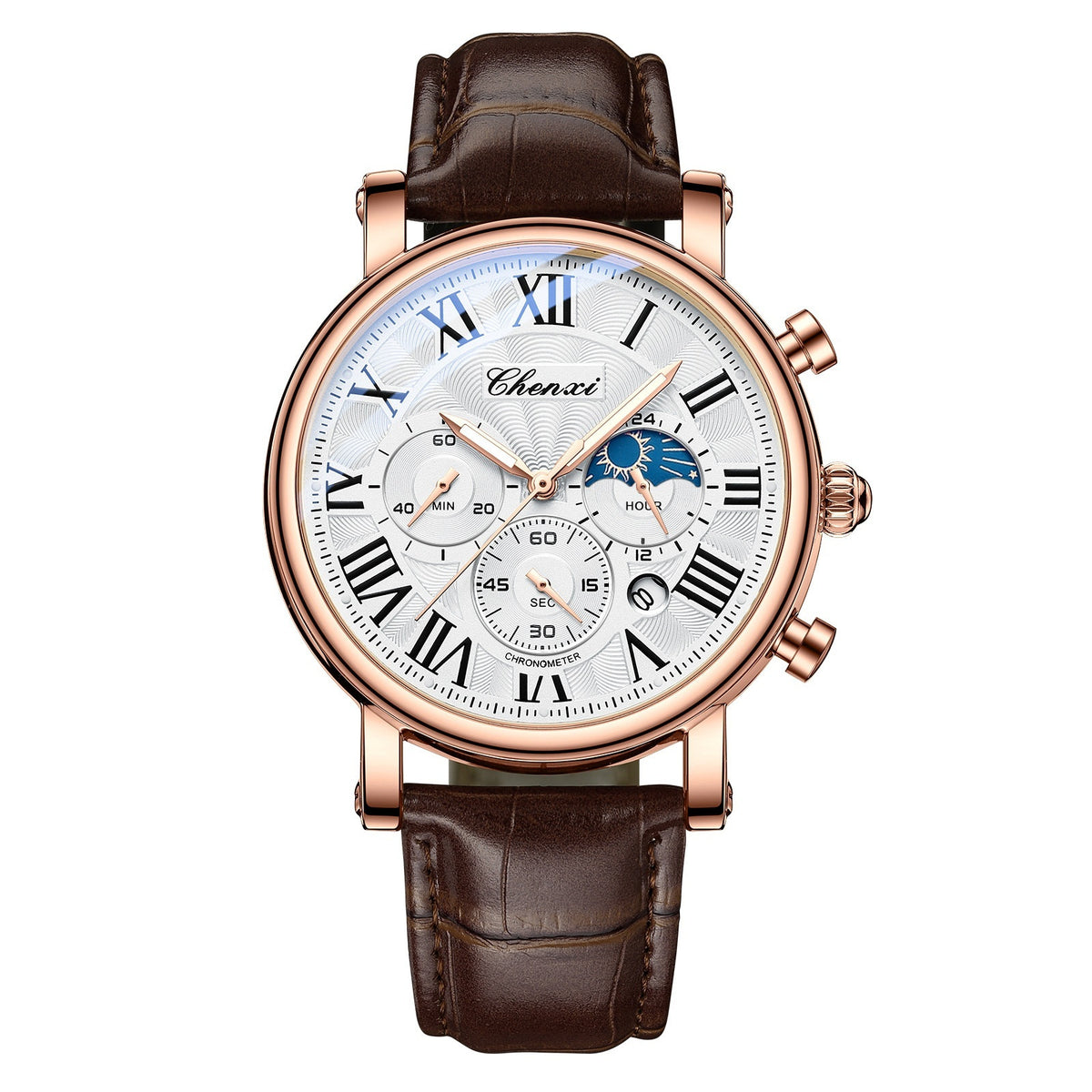 Multifunctional Mens Business Moon Phase Calendar Waterproof Watch